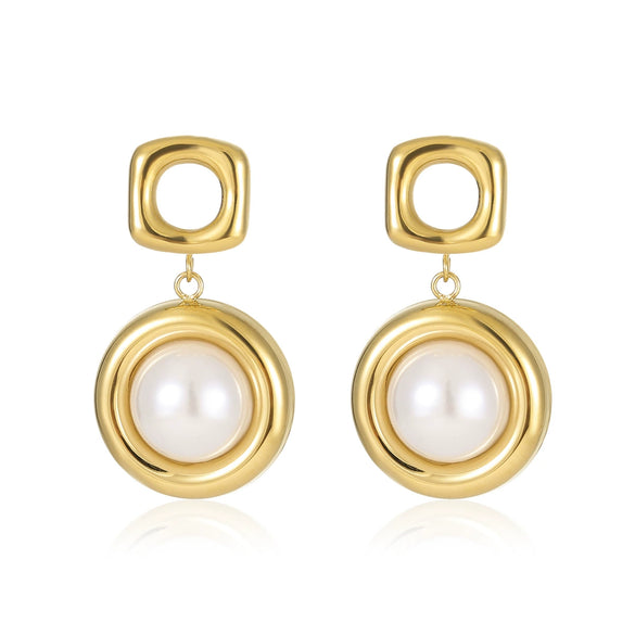 Stainless Steel Women's Square Hollow Round Pearl Pendant Earrings With Electroplating