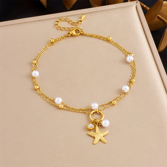 Stainless Steel Women's Starfish Star Pendant Doublelayered Anklet Foot Jewelry