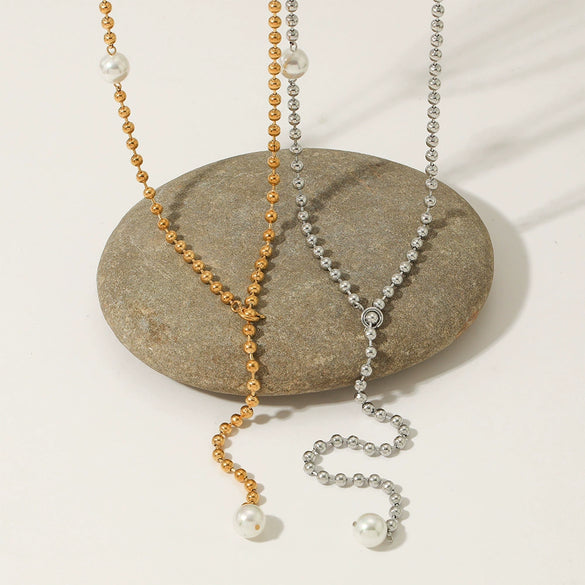 Stainless Steel Y Shaped Tassel Necklace With Geometric Pattern Round Bead Electroplated Women's Long Style