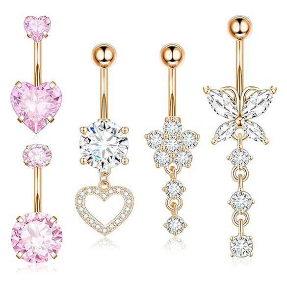 Stainless Steel Zircon Belly Button Ring And Nail Set With Star Pattern And Rose Gold Electroplating