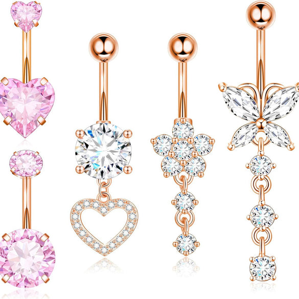 Stainless Steel Zircon Belly Button Ring And Nail Set With Star Pattern And Rose Gold Electroplating