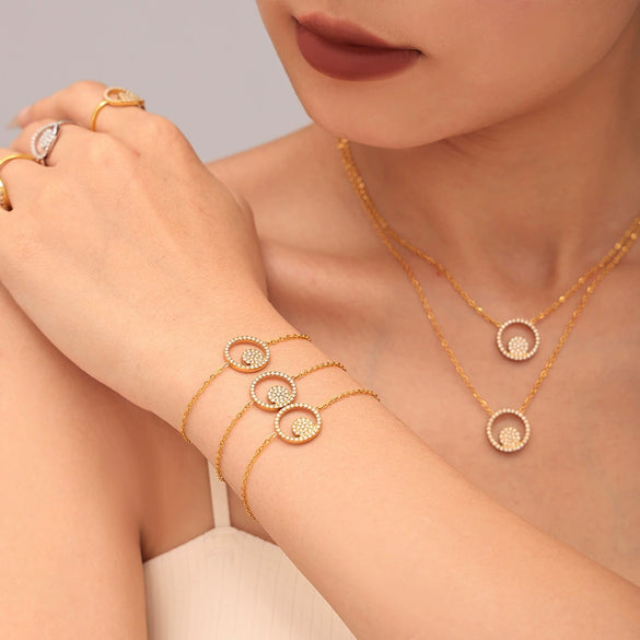 Stainless Steel Zircon Double Round Set Jewelry With Electroplating For Women Minimalist Style