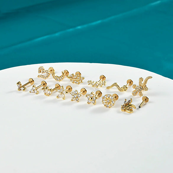 Stainless Steel Zircon Electroplated Heart Pattern Inner Tooth Lip Nail Snake Leaf Earrings