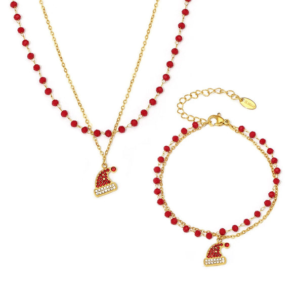 316L Stainless Steel Zircon Garnet Christmas Hat Pendant Necklace Bracelet Set Electroplated Light Luxury Women's Jewelry
