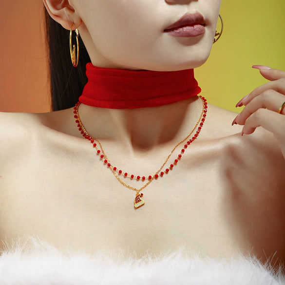 316L Stainless Steel Zircon Garnet Christmas Hat Pendant Necklace Bracelet Set Electroplated Light Luxury Women's Jewelry