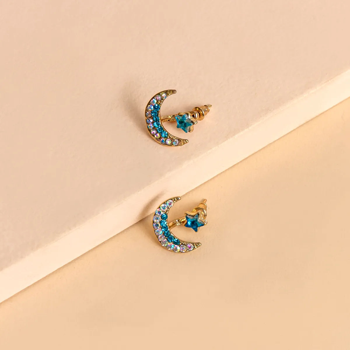 Star And Moon Rhinestone Stud Earrings Alloy