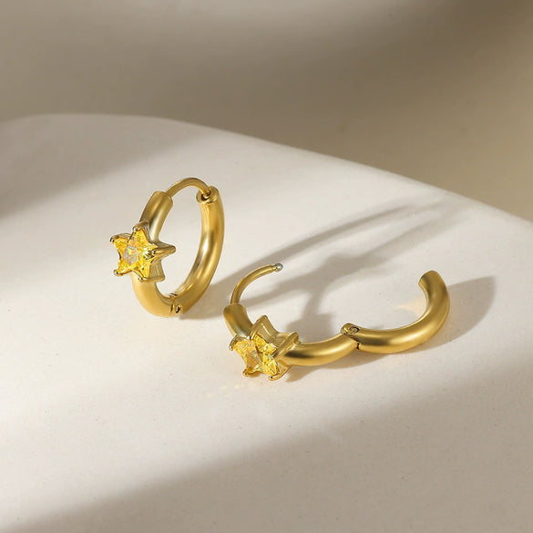 Star Birthstone Stainless Steel Earrings Set With Diamonds Geometric Style Unisex
