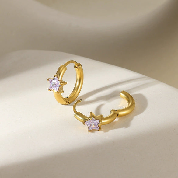 Star Birthstone Stainless Steel Earrings Set With Diamonds Geometric Style Unisex