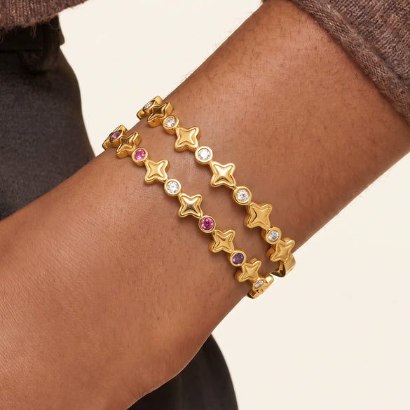 Star Pattern Zirconaccented Stainless Steel Bracelet With Goldplated Finish Simple Trendy Jewelry