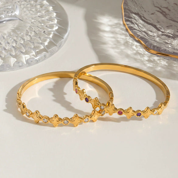 Star Pattern Zirconaccented Stainless Steel Bracelet With Goldplated Finish Simple Trendy Jewelry