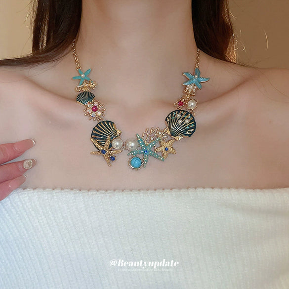Starfish Shell Coral Earrings And Necklace Set With Ocean Life Pattern Rhinestones And Zircon Handmade High End All Match Clavicle Chain For Women