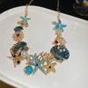 Starfish Shell Coral Earrings And Necklace Set With Ocean Life Pattern Rhinestones And Zircon Handmade High End All Match Clavicle Chain For Women