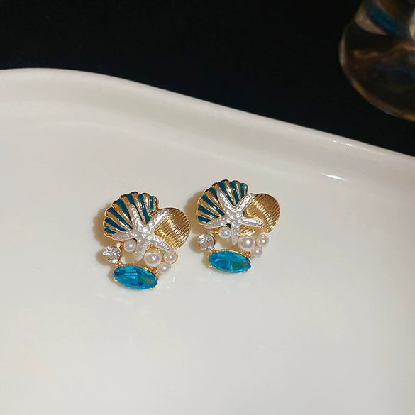 Starfish Shell Coral Earrings And Necklace Set With Ocean Life Pattern Rhinestones And Zircon Handmade High End All Match Clavicle Chain For Women