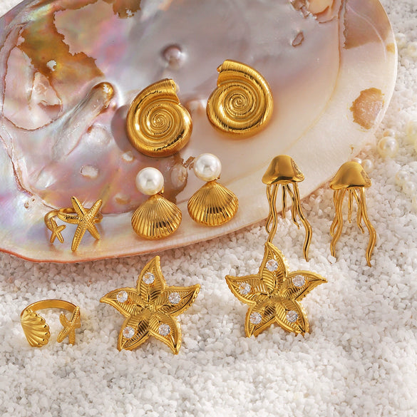 Starfish Shell Threaded Pearl Stainless Steel Earrings With Electroplating
