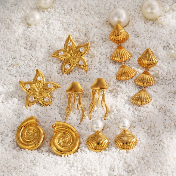 Starfish Shell Threaded Pearl Stainless Steel Earrings With Electroplating