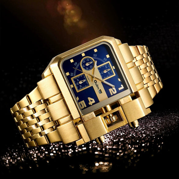Steel Band Gold Punk Quartz Watch With Large Square Dial