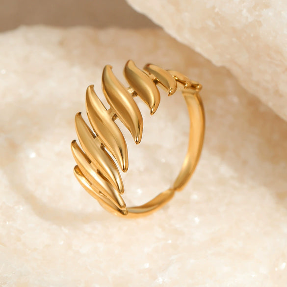 Steel Ring Leaf Geometric Electroplated 18K Gold