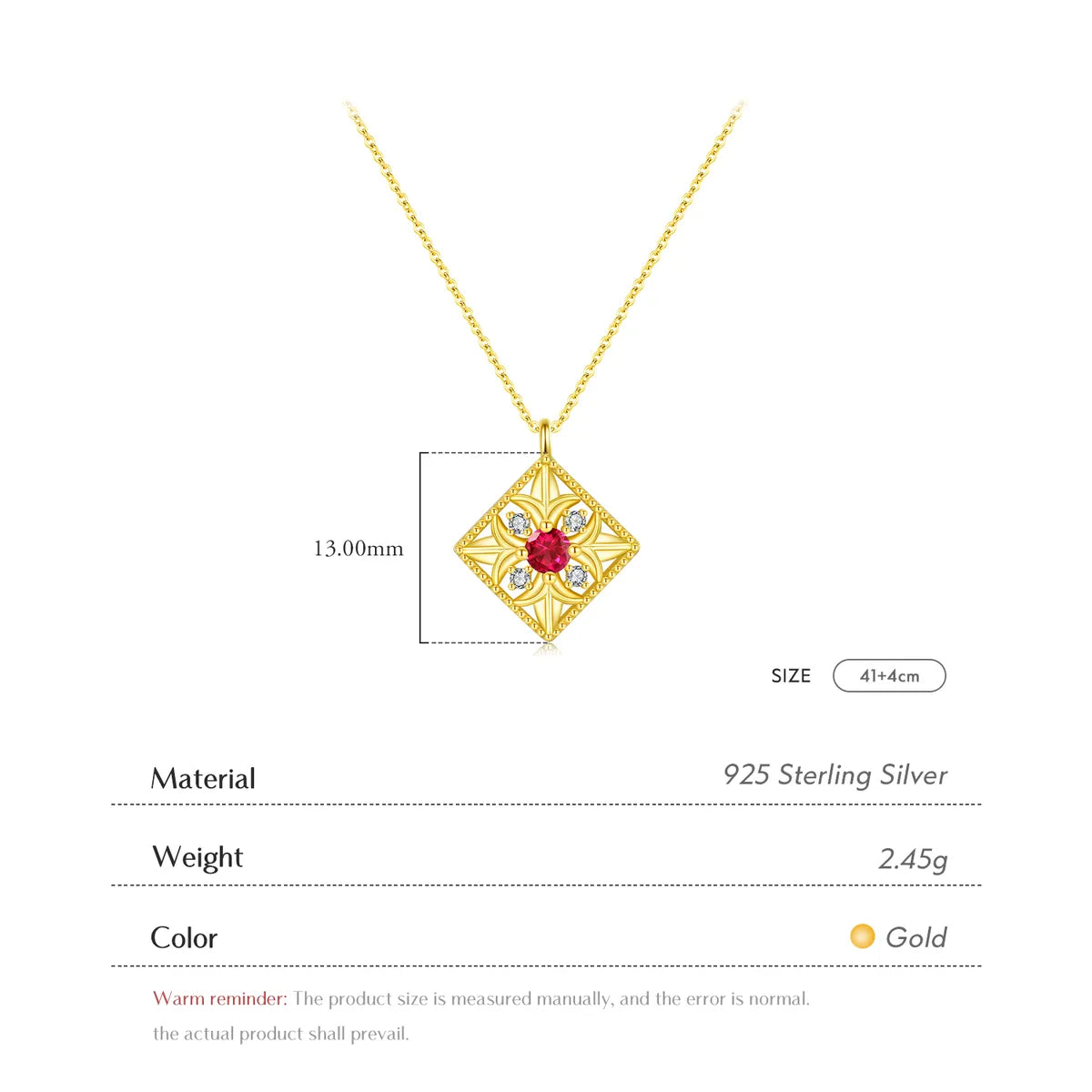 Sterling Silver 14K Gold Plated Retro Luxurious Plating Inlay Square Flower Zircon Pendant Necklace