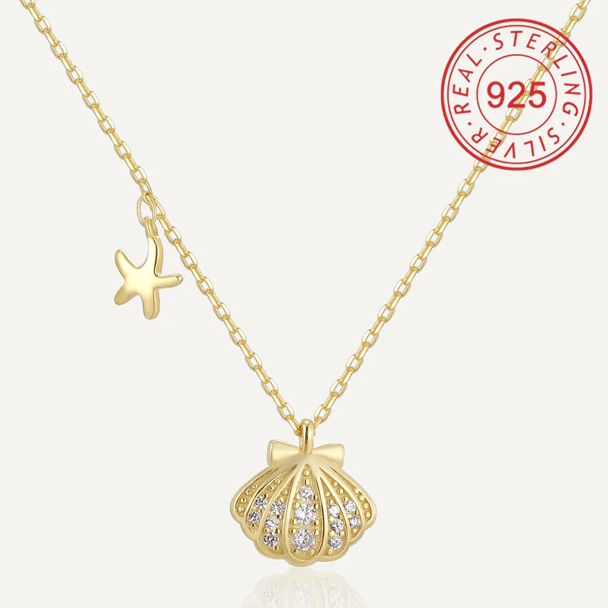 Sterling Silver 14K Gold Plated Simple Style Commute Inlay Circle Star Shell Zircon Pendant Necklace