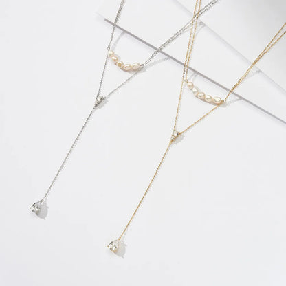 Sterling Silver 14K Gold Plated White Gold Plated Beach Sweet Simple Style Polishing Plating Inlay V Shape Geometric Freshwater Pearl Zircon Double Layer Necklaces