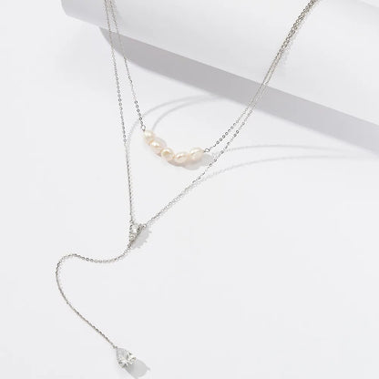 Sterling Silver 14K Gold Plated White Gold Plated Beach Sweet Simple Style Polishing Plating Inlay V Shape Geometric Freshwater Pearl Zircon Double Layer Necklaces