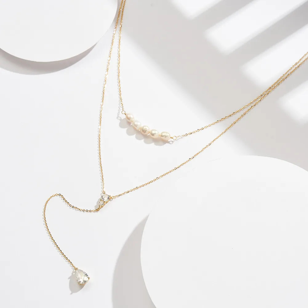 Sterling Silver 14K Gold Plated White Gold Plated Beach Sweet Simple Style Polishing Plating Inlay V Shape Geometric Freshwater Pearl Zircon Double Layer Necklaces