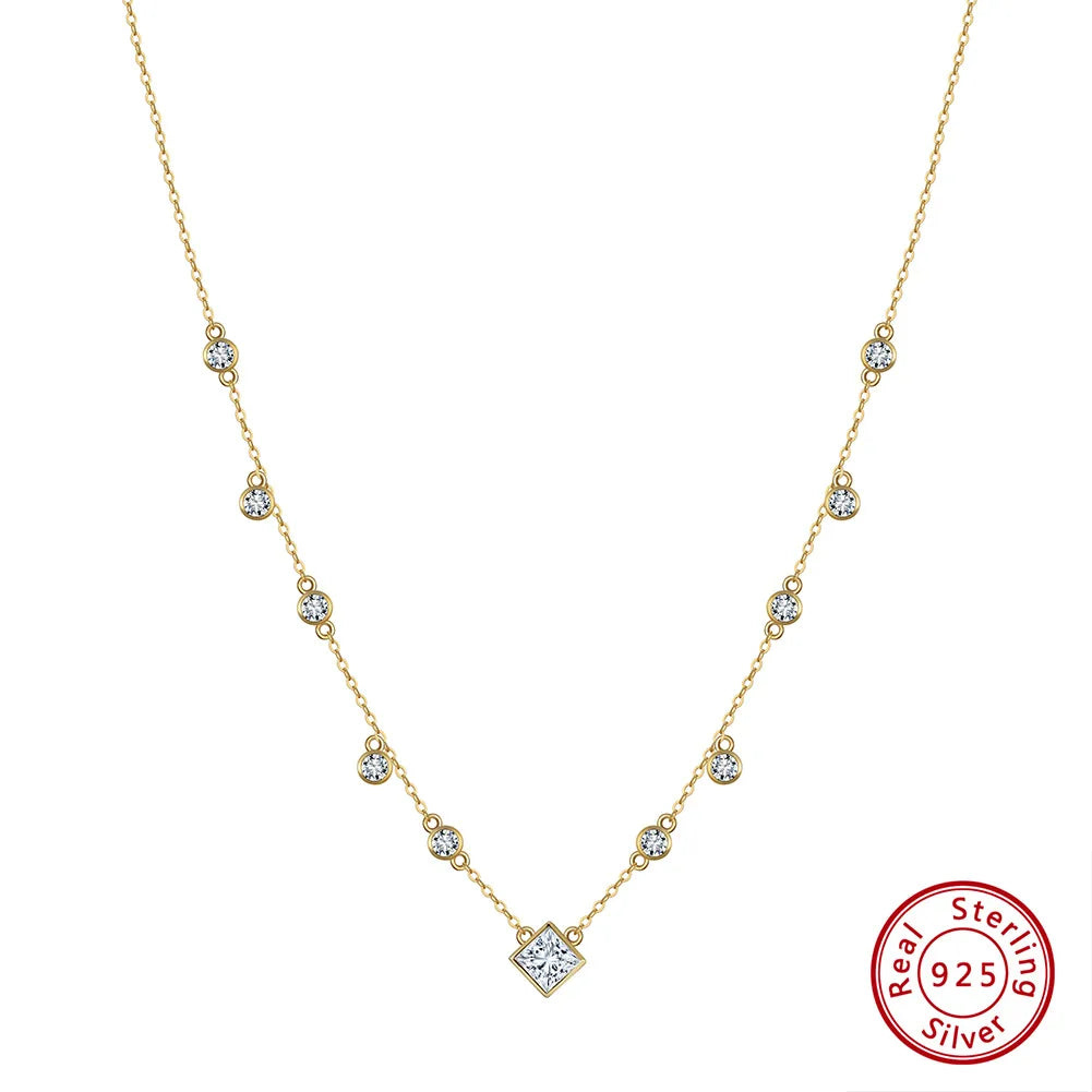 Sterling Silver 14K Gold Plated White Gold Plated Simple Style Classic Style Plating Inlay Round Square Zircon Necklace