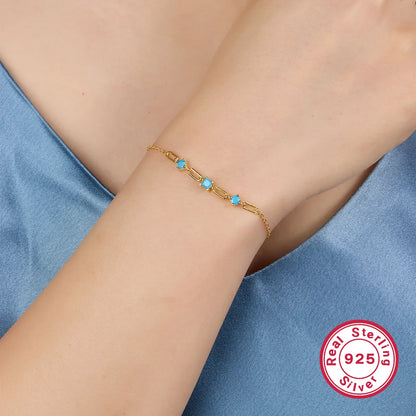 Sterling Silver 18K Gold Plated IG Style Paper Clip Round Inlay Turquoise Zircon Bracelets