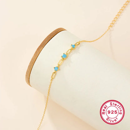 Sterling Silver 18K Gold Plated IG Style Paper Clip Round Inlay Turquoise Zircon Bracelets