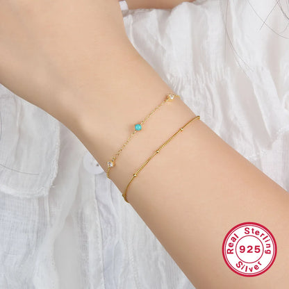 Sterling Silver 18K Gold Plated IG Style Paper Clip Round Inlay Turquoise Zircon Bracelets