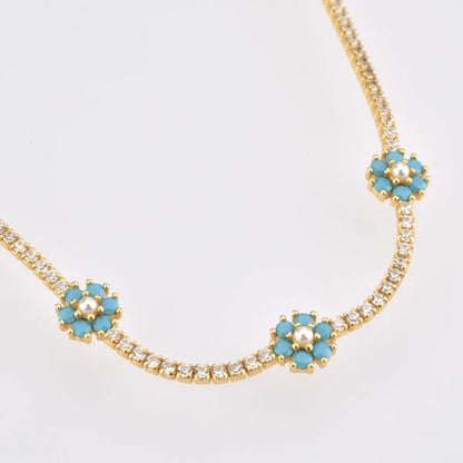 Sterling Silver 18K Gold Plated Simple Style Flower Inlay Artificial Pearls Zircon Necklace