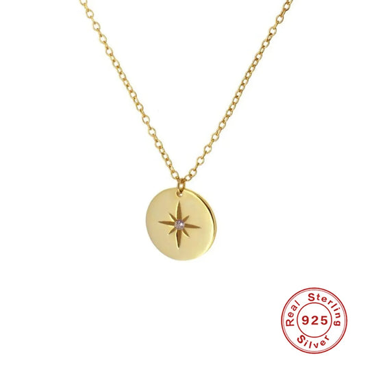 Sterling Silver 18K Gold Plated Simple Style Round Star Inlay Zircon Pendant Necklace