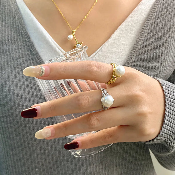 Sterling Silver 18K Gold Plated White Gold Plated Elegant Glam Luxurious Polishing Plating Hollow Out Round Pearl Open Rings