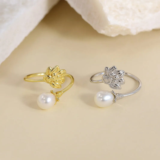 Sterling Silver 18K Gold Plated White Gold Plated Elegant Polishing Inlay Flower Pearl Open Rings