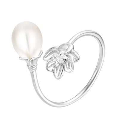 Sterling Silver 18K Gold Plated White Gold Plated Elegant Polishing Inlay Flower Pearl Open Rings