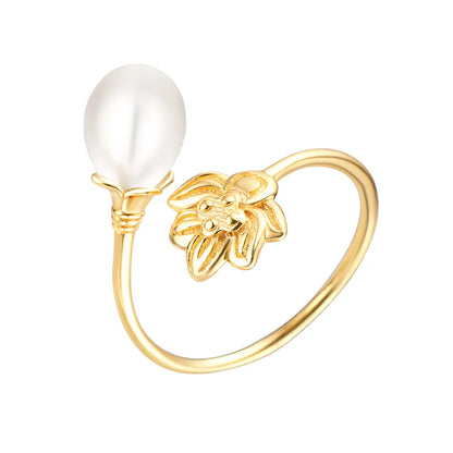 Sterling Silver 18K Gold Plated White Gold Plated Elegant Polishing Inlay Flower Pearl Open Rings