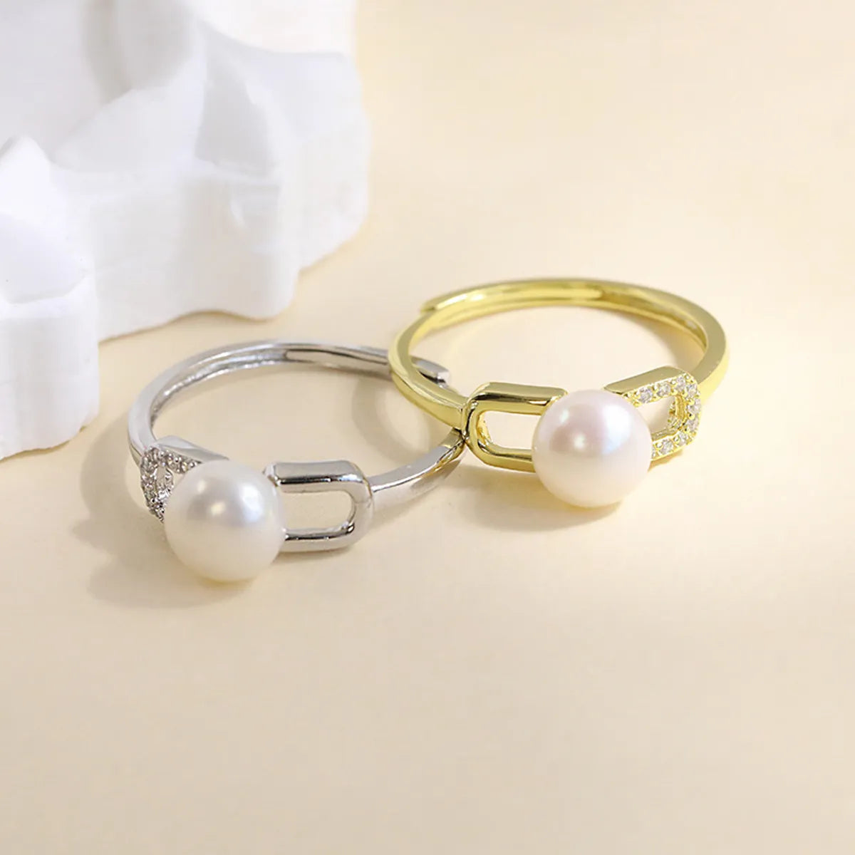 Sterling Silver 18K Gold Plated White Gold Plated Elegant Simple Style Geometric Polishing Hollow Out Inlay Pearl Zircon Open Rings