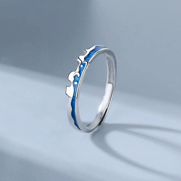 Sterling Silver Adjustable Couple Rings Geometric Star And Moon City Wall Design Electroplated Open Band Lover Gift For Men And Women
