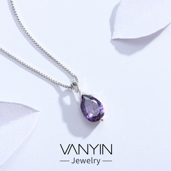 Sterling Silver Amethyst Drop Pendant Necklace With Zircon Accents Light Luxury Jewelry