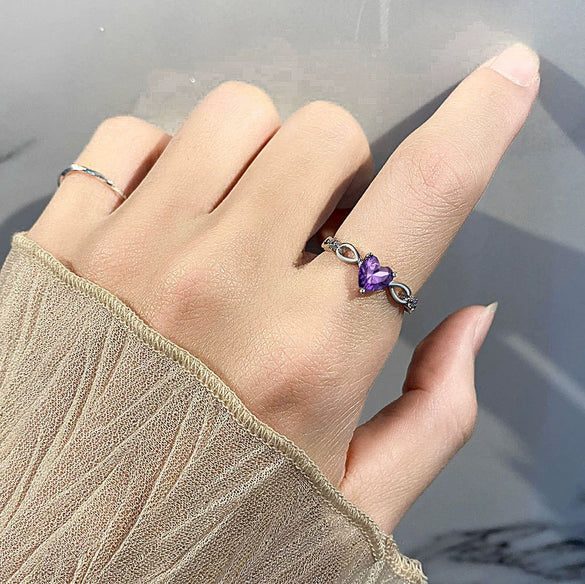 Sterling Silver Amethyst Heart Shaped Ring For Women Simple Fashion Geometric Gemstone Ring Electroplated Finish