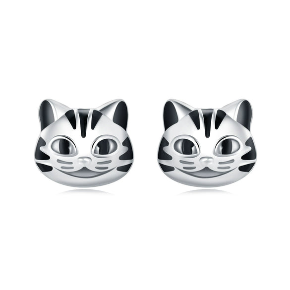 925 Sterling Silver Asymmetric Heart Shape Cat Cartoon Earrings Electroplated Women's Jewelry