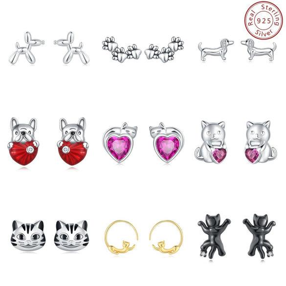925 Sterling Silver Asymmetric Heart Shape Cat Cartoon Earrings Electroplated Women's Jewelry