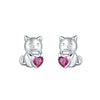 925 Sterling Silver Asymmetric Heart Shape Cat Cartoon Earrings Electroplated Women's Jewelry