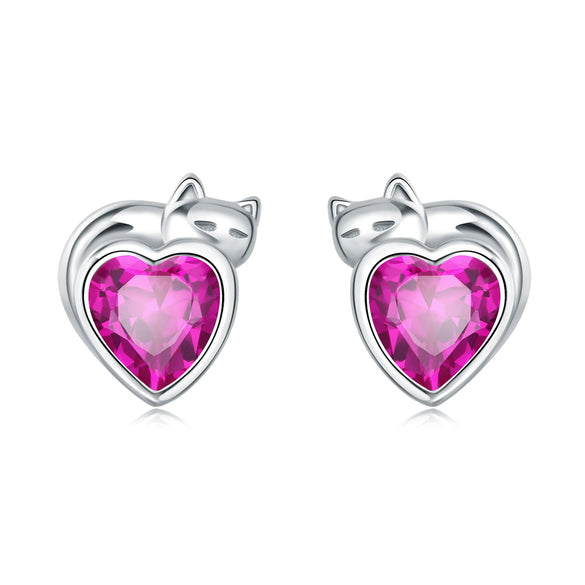 925 Sterling Silver Asymmetric Heart Shape Cat Cartoon Earrings Electroplated Women's Jewelry
