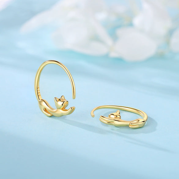 925 Sterling Silver Asymmetric Heart Shape Cat Cartoon Earrings Electroplated Women's Jewelry
