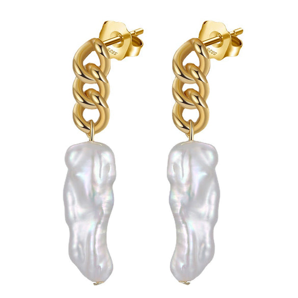 925 Sterling Silver Baroque Freshwater Pearl Long Geometric Earrings Natural Style Fine Jewelry