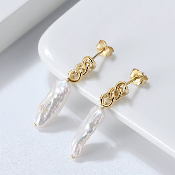 925 Sterling Silver Baroque Freshwater Pearl Long Geometric Earrings Natural Style Fine Jewelry
