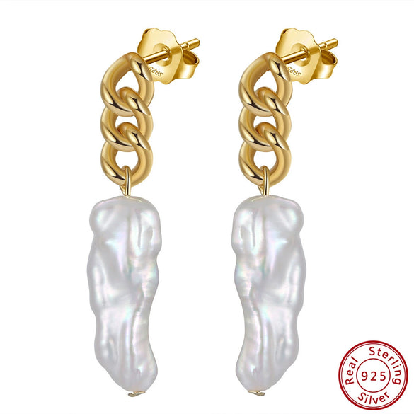 925 Sterling Silver Baroque Freshwater Pearl Long Geometric Earrings Natural Style Fine Jewelry