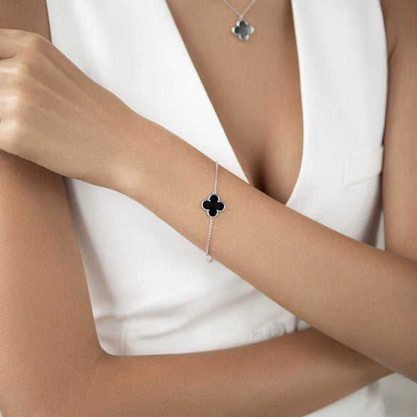 925 Sterling Silver Black Agate Fourleaf Clover Bracelet Earrings Necklace Set Seiko Plants Flowers Pattern Women's