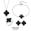 925 Sterling Silver Black Agate Fourleaf Clover Bracelet Earrings Necklace Set Seiko Plants Flowers Pattern Women's